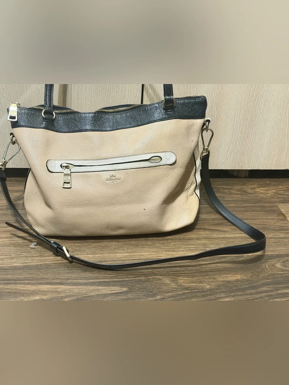 Coach Two-Tone Pebble Leather Shoulder Bag - Beige and Black
